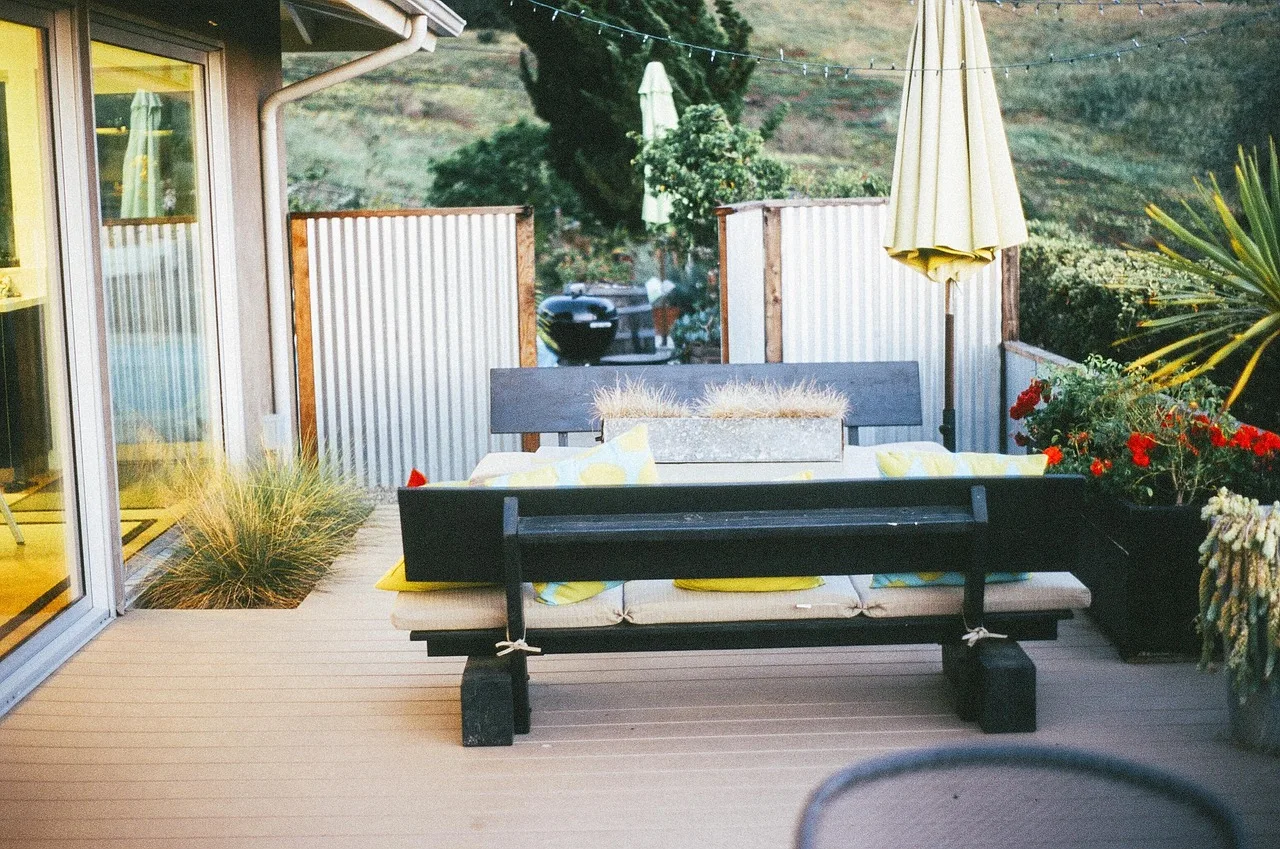 patio, nature, backyard, umbrella, bench, table, wood, deck, plants. Deck and patio equipment setup: will the machine reach the site?