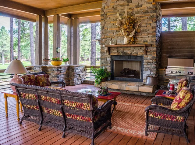 porch, fireplace, design, house, furniture, deck, cozy, luxury, patio, style, stone, decor, brown house, brown design, brown stone, fireplace, fireplace, fireplace, fireplace, fireplace, deck, patio, patio. Deck and patio expansion beyond the obvious