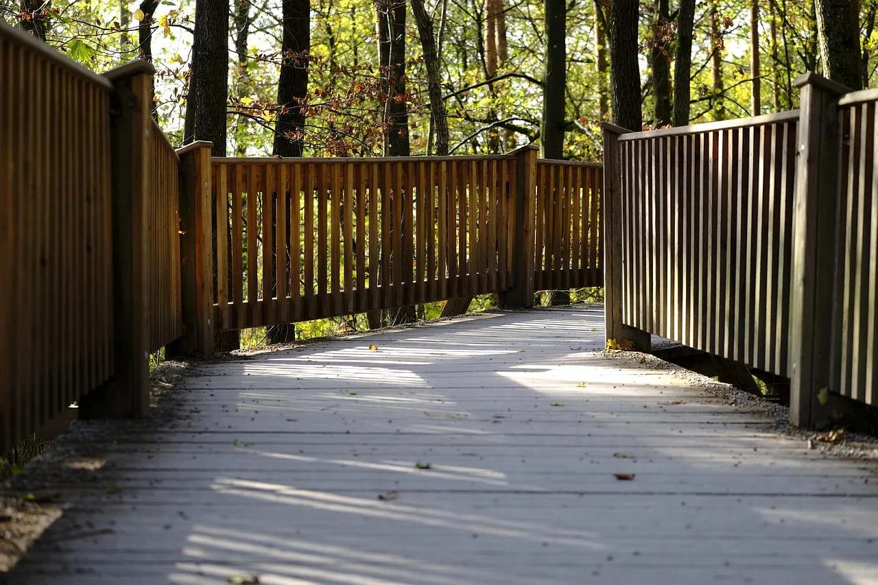 bridge, path, web, railing, crash, fall protection, protection, wood, leadership, lead, forest, trees, nature. OSHA deck construction safety requirements that most residential crews miss