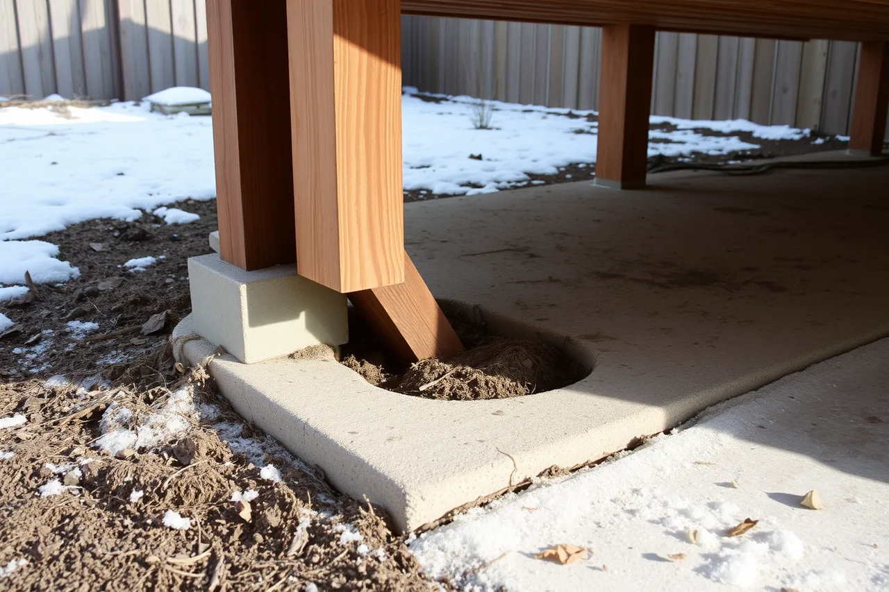 Frost-heaved concrete deck footing with tilted post base in winter yard (How Calgary contractors build decks for hail and chinooks)