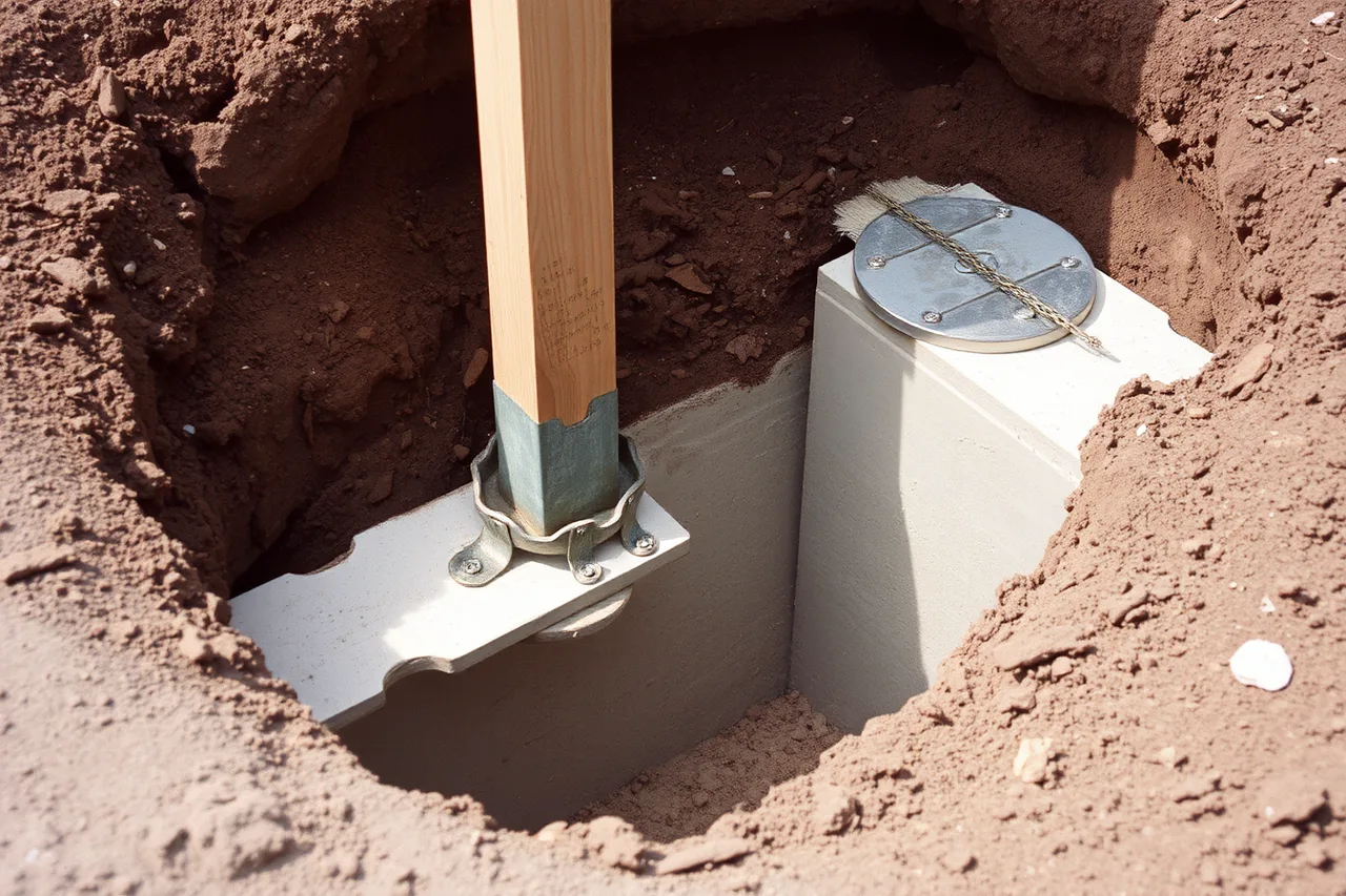 Concrete deck footing with post base connector in soil (Deck permit inspection checklist by city: what inspectors flag first)