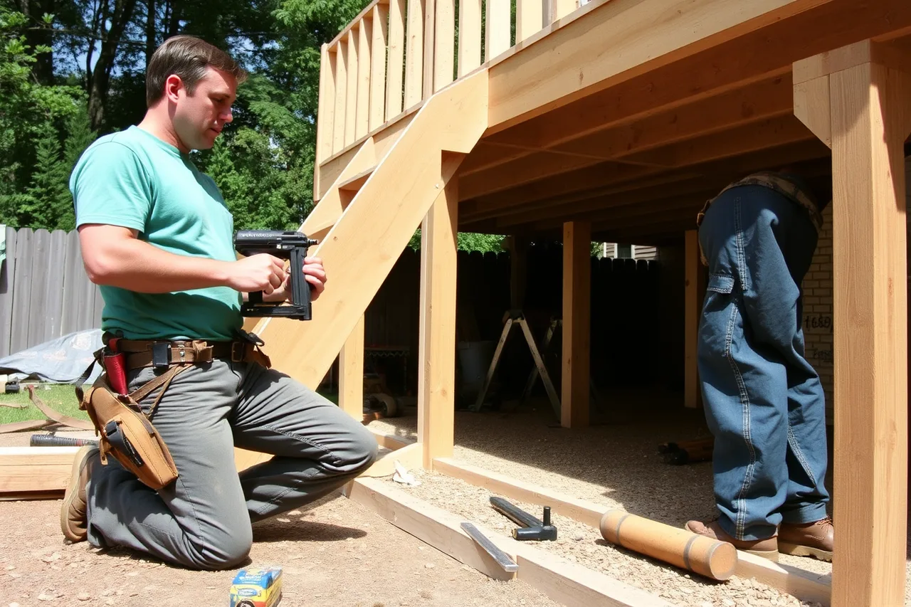 Two-person crew framing a backyard deck with joist hangers (Starting a deck and patio business without guessing at the market)