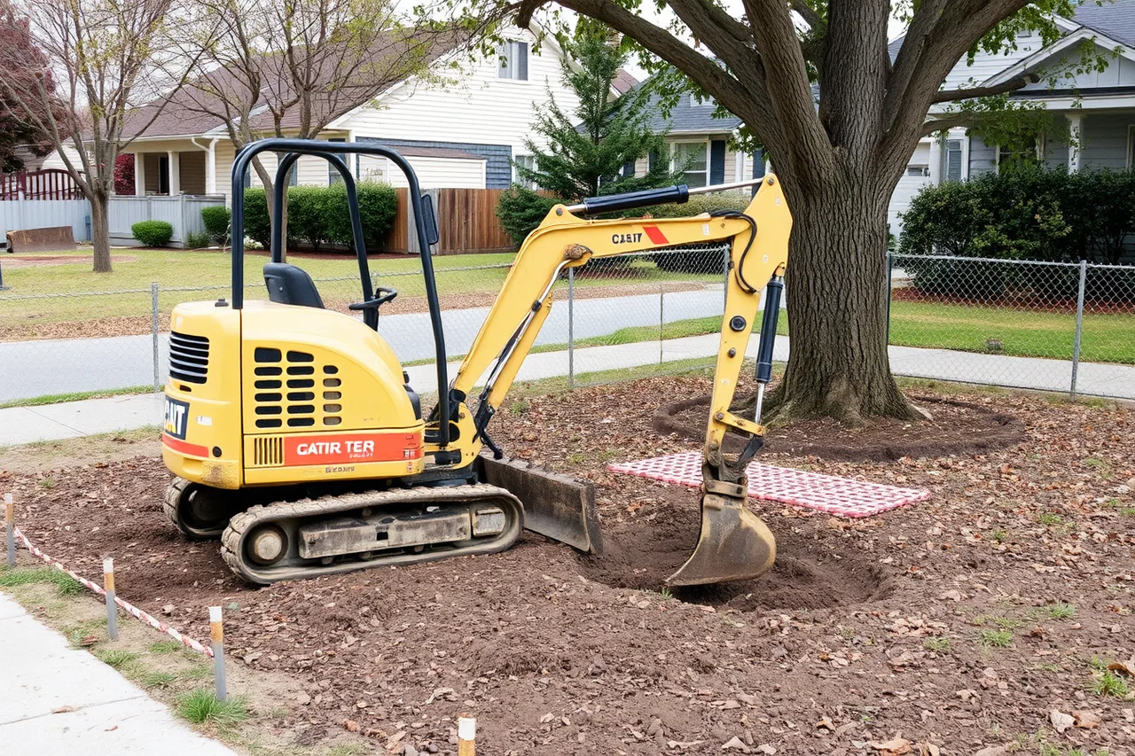 Mini-excavator inside a tree root protection zone (What a Toronto deck permit actually requires from contractors)