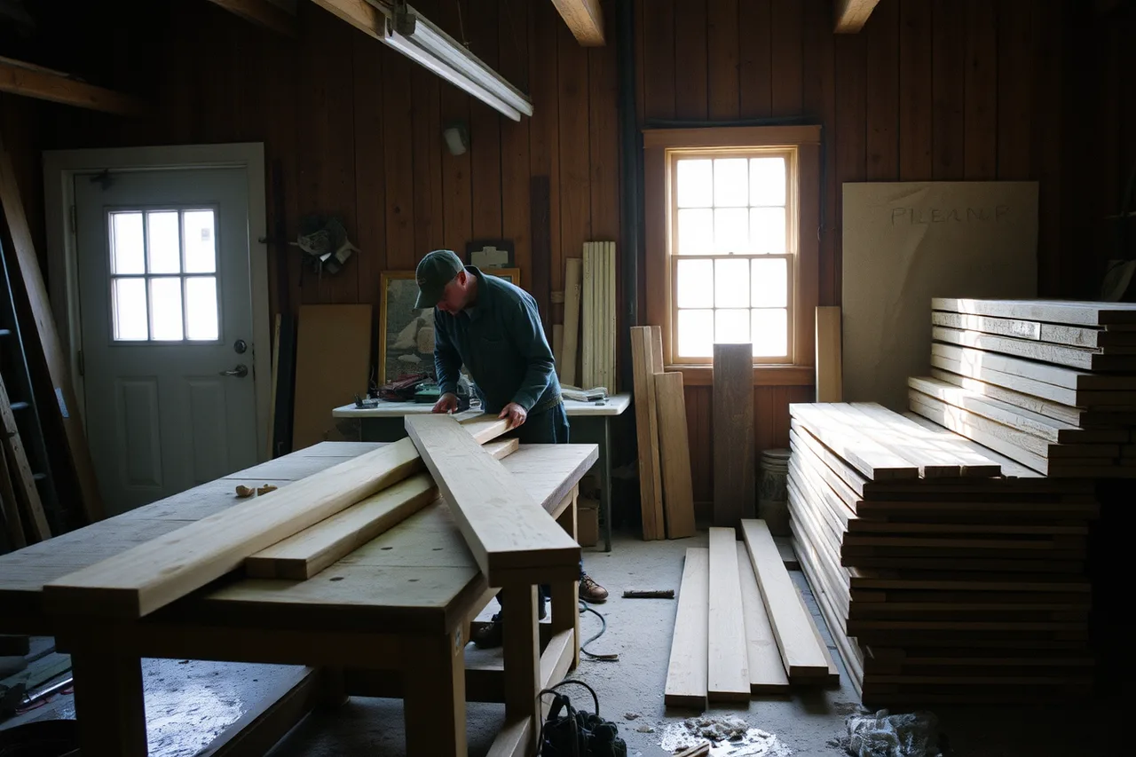 Carpenter pre-finishing deck boards in a heated workshop (Winter weather delay clause deck contract: drafting one that holds up in Canada)